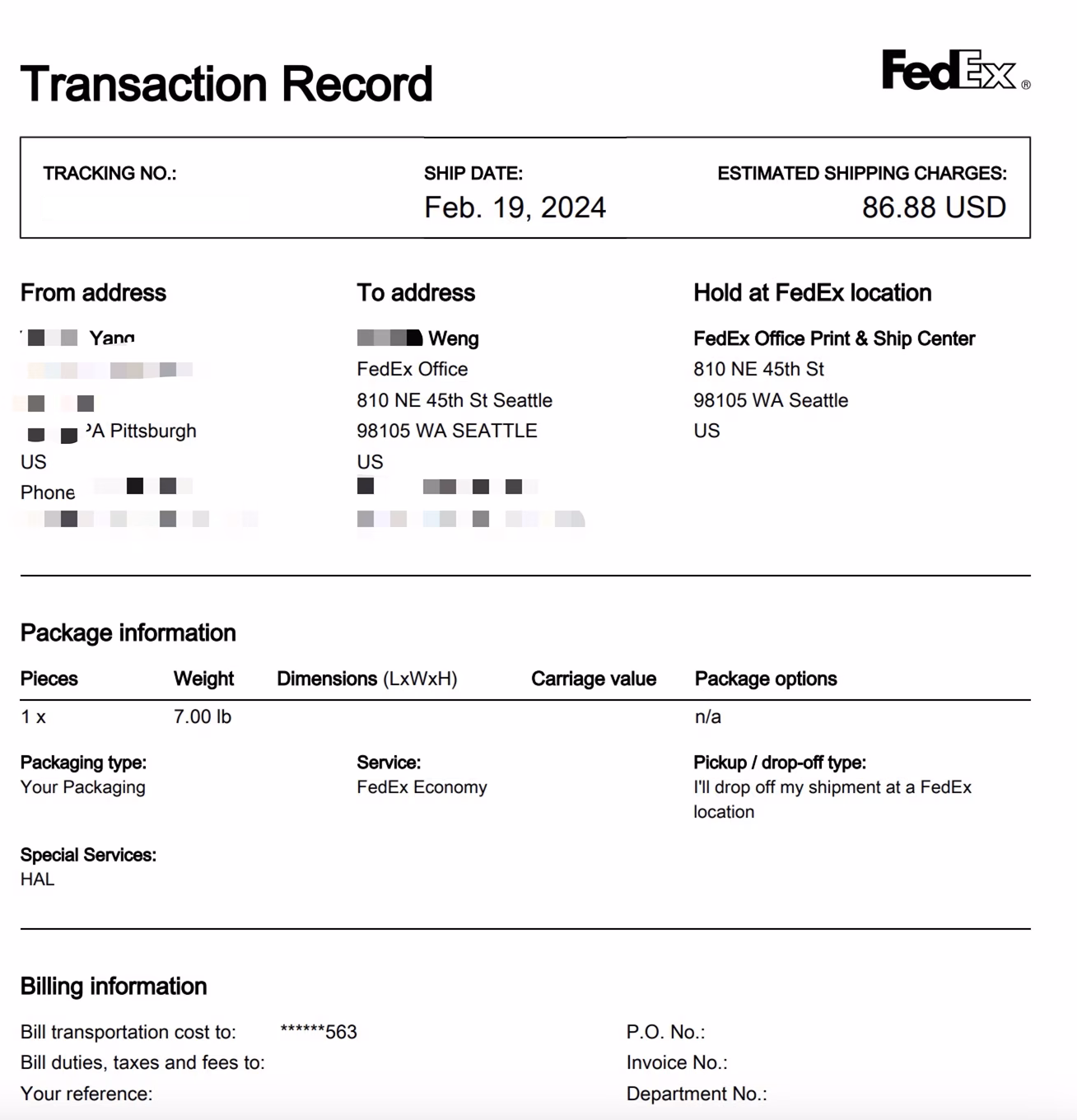 FedEx Transaction Record